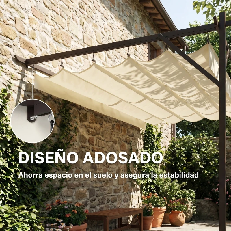 Outsunny Pérgola de Pared de Jardín 3x3 m con Techo Retráctil Protección UPF30+ Drenaje Cenador de Jardín para Exterior Crema