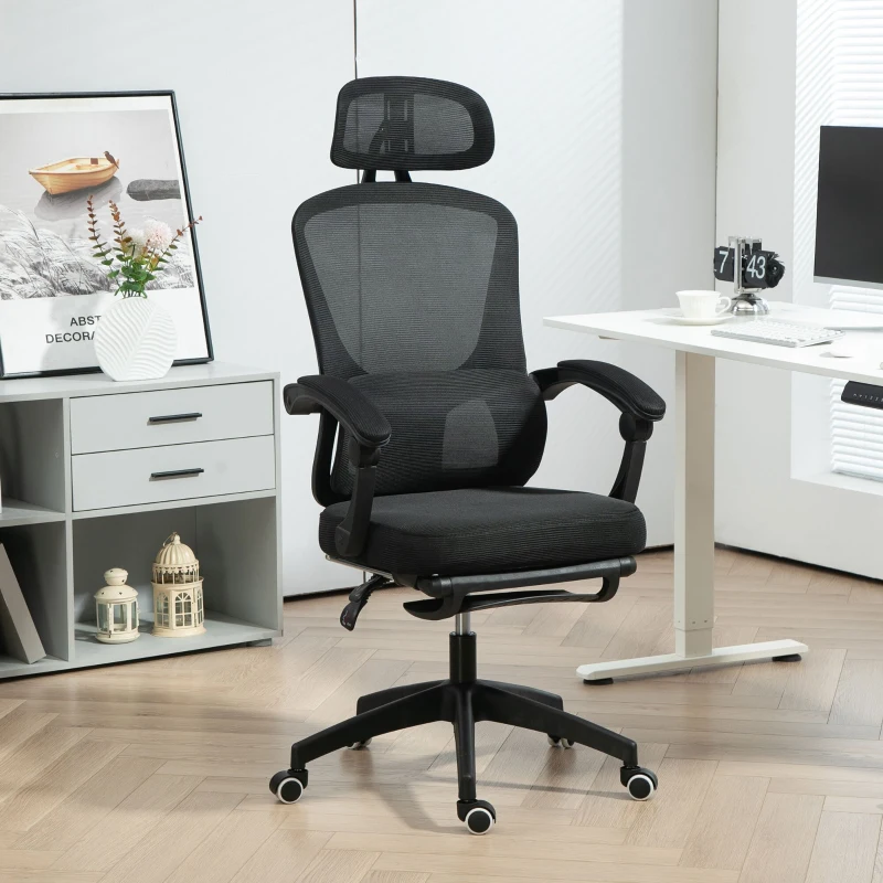 HOMCOM Ergonomic Office Chair, Mesh High Back Desk Chair with Adjustable Lumbar Support and Headrest, Footrest, Reclining Executive Swivel Computer Chair for Home Study, Black