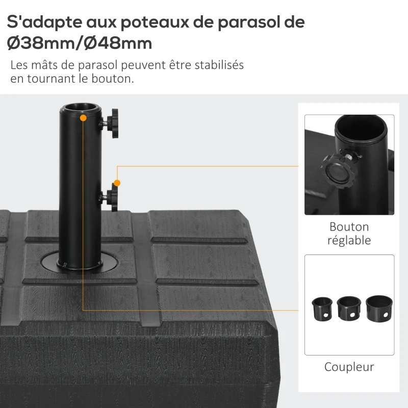Outsunny Pied de parasol carré base de parasol en HDPE remplir de sable ou d'eau pour mât Ø 38 et 48 mm - noir