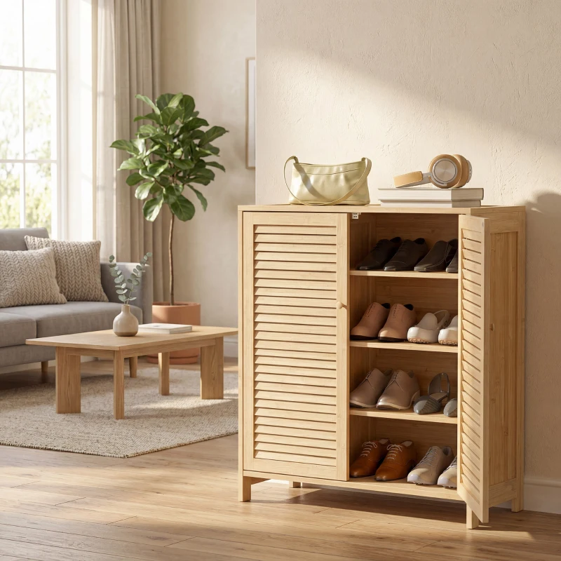 HOMCOM schmaler Schuhschrank, Rattan, schmal, hoch, Holz, kleine Schublade, dünn
