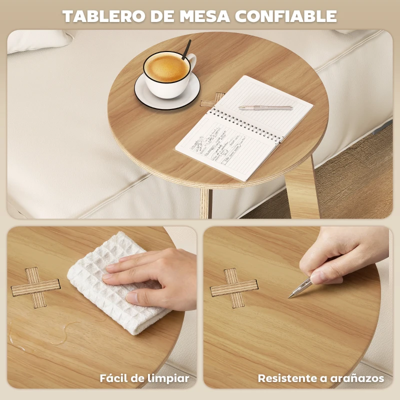 HOMCOM Mesa Auxiliar en Forma de C Mesita Auxiliar Redonda Montaje Rápido para Espacios Pequeños Salón Dormitorio Natural