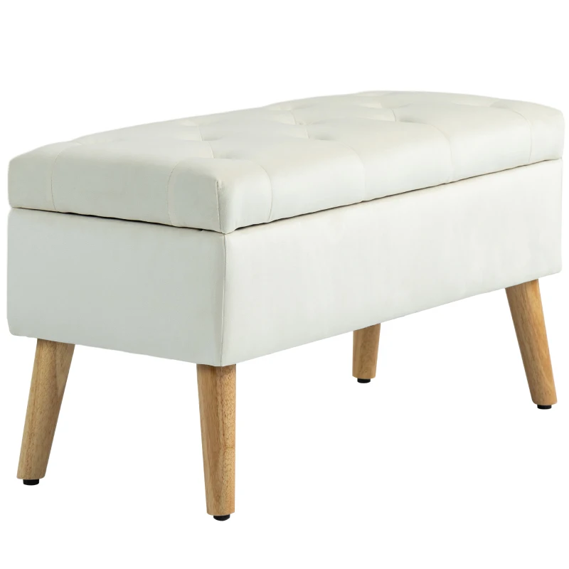 HOMCOM Taburet cu Depozitare In Catifea Picioare In Lemn Di Cauciuc 80x35x42 cm Crem