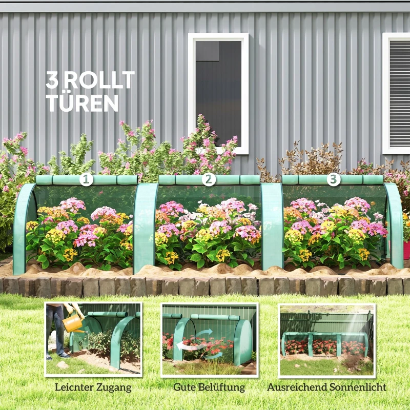 Outsunny Kas, winterbestendige foliekas met oprolbare ritsdeur 350 x 100 x 80 cm Groen