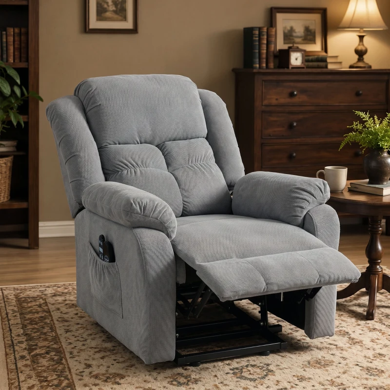 HOMCOM Aufstehsessel mit Massagefunktion und Lendenheizung, Recliner-Sessel mit Fernbedienungen und Seitentaschen, Hellgrau