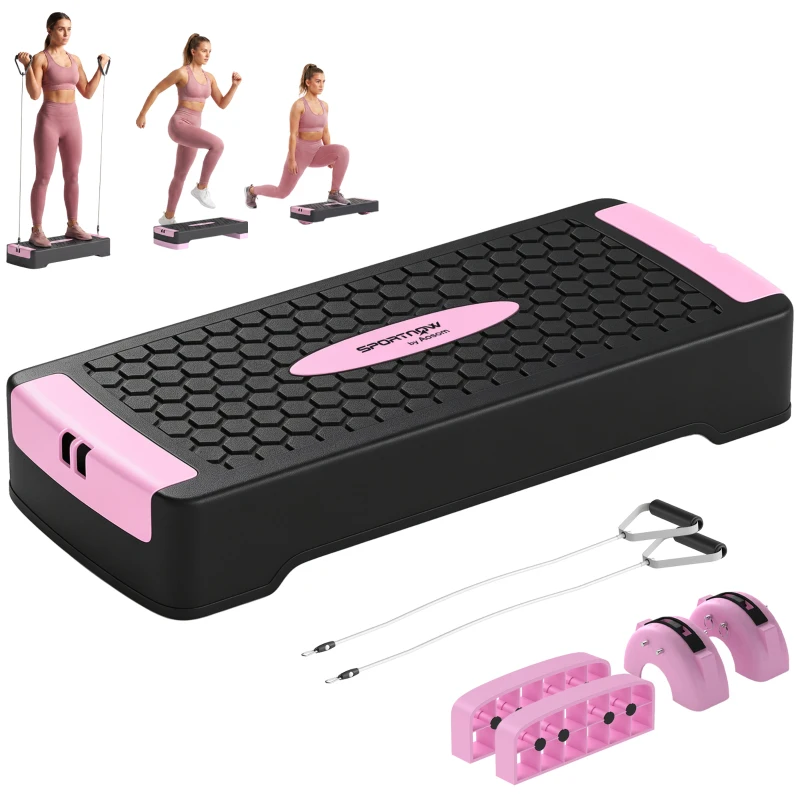 SPORTNOW Step Aerobic Reglabil pe 2 Niveluri cu 2 Benzi de Rezistență, Roz
