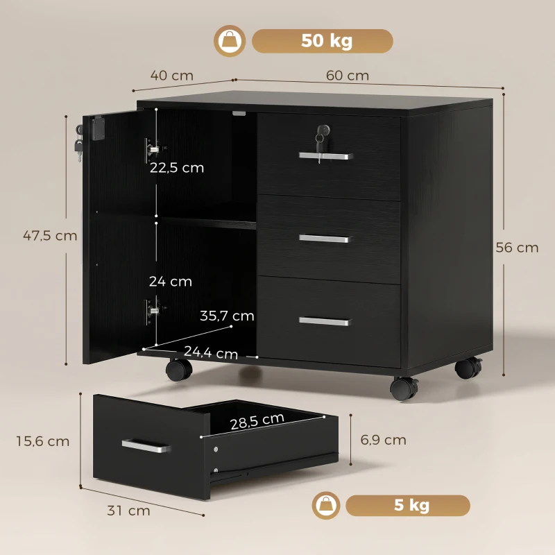 HOMCOM Caisson bureau meuble de rangement verrouillable avec 3 tiroirs et étagère réglable, roulettes, 40 x 60 x 56 cm, noir