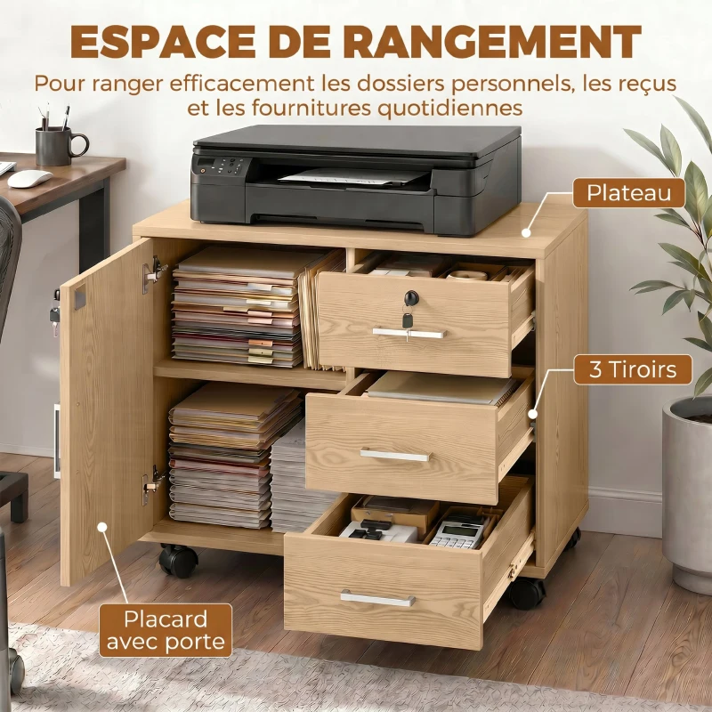 HOMCOM Caisson bureau meuble de rangement verrouillable avec 3 tiroirs et étagère réglable, roulettes, 40 x 60 x 56 cm, marron clair