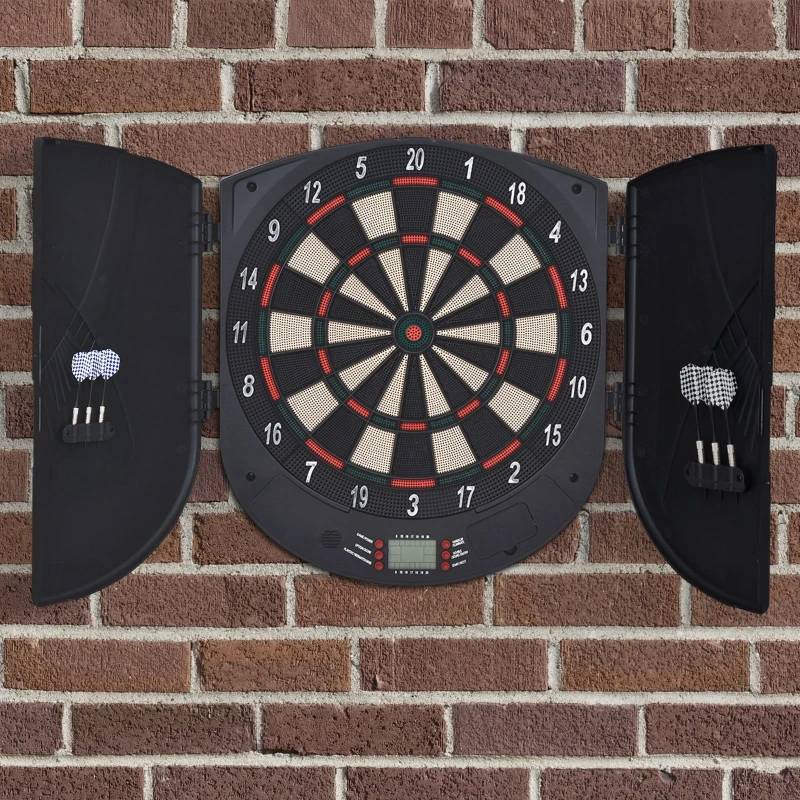 HOMCOM Elektronische Dartscheibe Dartboard mit Sprachansagen Englische Stimme LED-Anzeigen 6 Darts 26 Spiele 185 Varianten Dartautomat mit Tür Dartscheibe Set für bis zu 8 Spieler