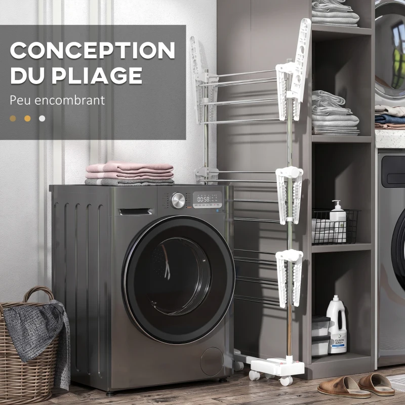 HOMCOM Étendoir à Linge 3 Niveaux, Sechoir a Linge avec 6 Roulettes, Pliable, Cadre en Acier Inoxydable et Ailes Latérales, pour Intérieur Extérieur, 142 x 55 x 152 cm, Blanc