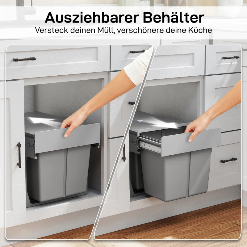 HOMCOM 31L Ausziehbarer Abfallbehälter 15L + 8L x 2 mit herausnehmbaren Eimern