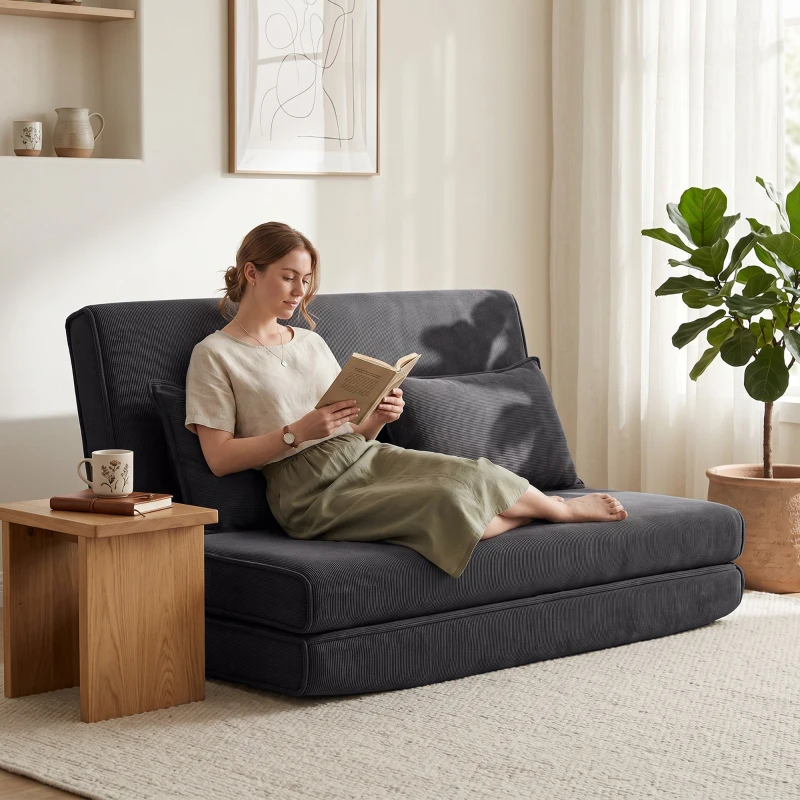 HOMCOM Bodenstuhl mit Rückenlehne, Cord-Klappsofa als Gästebett, Verstellbare Rückenlehne, Breiter Sitz, Dunkelgrau