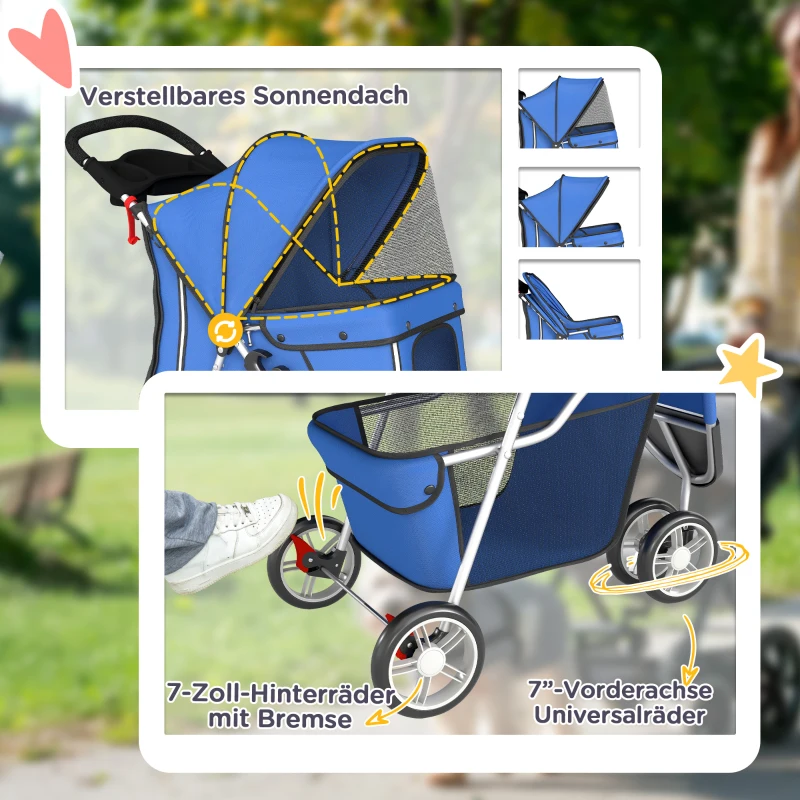 PawHut Hundewagen Hundebuggy Faltbar bis 10kg mit Aufbewahrungskorb, Kissen, Netzfenstern, für kleine Hunde, 77x44x102cm Blau