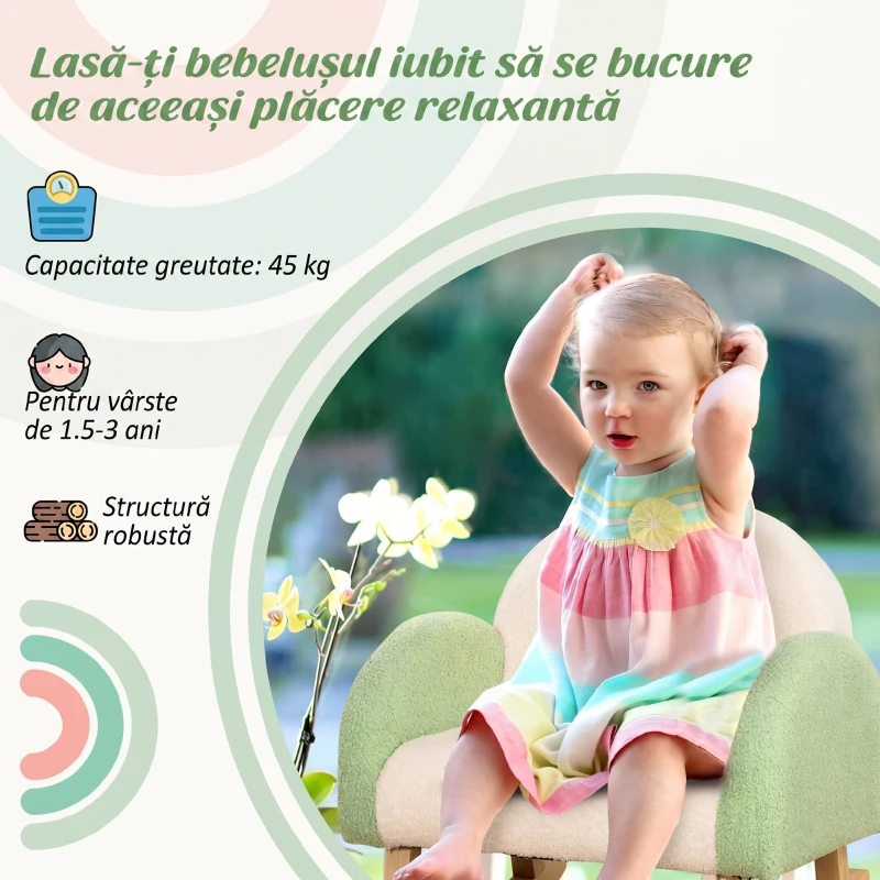 HOMCOM Fotoliu pentru Copii 18-36 Luni, cu Brațe și Umplutură Groasă, din Sherpa și Lemn de Eucalipt, Verde