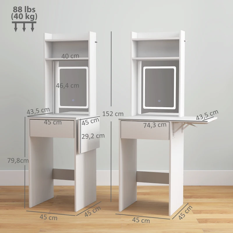 HOMCOM Compacter Make-uptafel met Spiegel en LED-verlichting, opklapbaar tafelblad, open planken, lade, MDF, Wit(m-3)