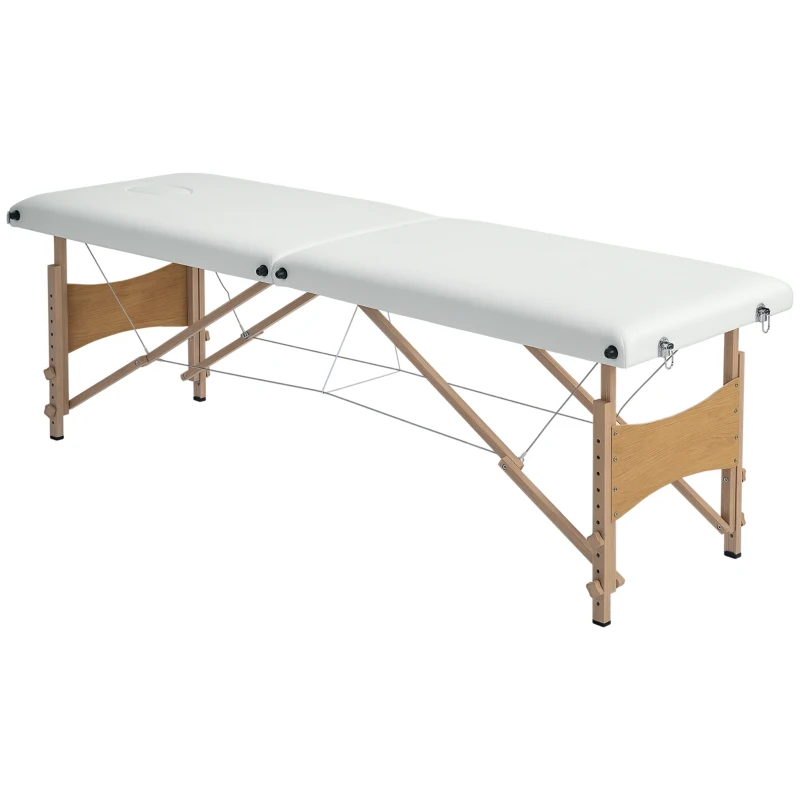 HOMCOM Mobile Massageliege 2 Zonen Klappbar Höhenverstellbar Massagetisch 60 cm Breit mit Tragetasche Holzfüßen Cremeweiß