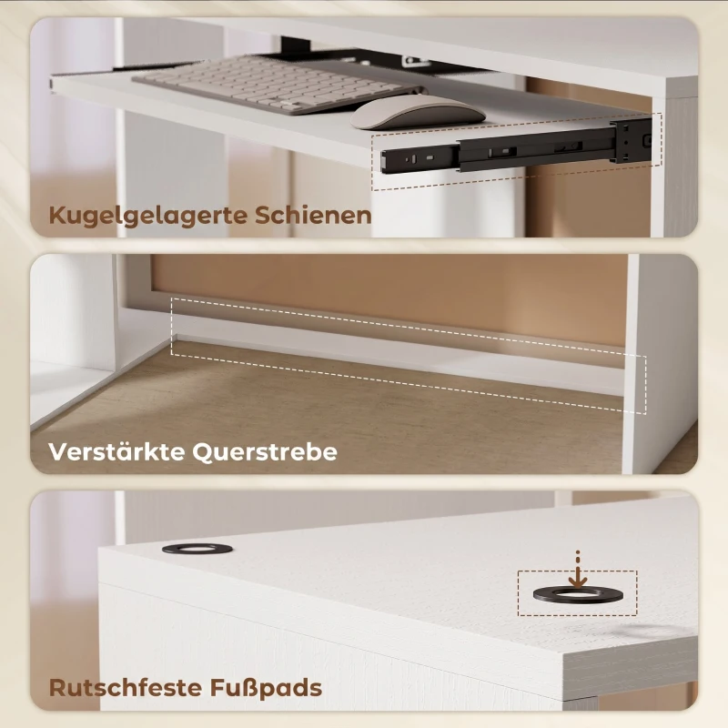 HOMCOM Eckschreibtisch, Computertisch mit Tastaturauszug und offenen Ablagen, weißer Holz-Look