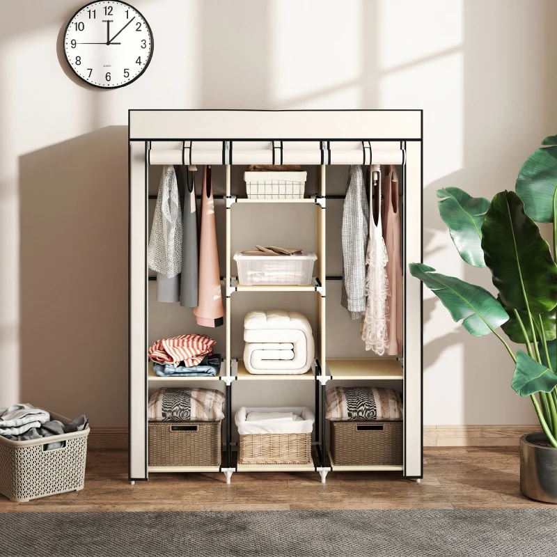 HOMCOM Dulap Textil cu 8 Rafturi și 2 Bare, Economisitor de Spațiu pentru Dormitor, 125x43x162,5 cm, Gri Deschis