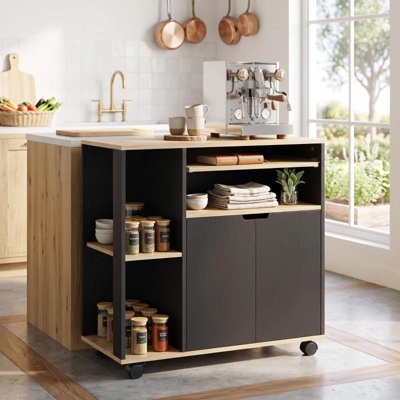 HOMCOM Rollender Küchenwagen mit Stauraum, Schrank, verstellbare Regale, für Küche, Wohnzimmer, Esszimmer, Schwarz