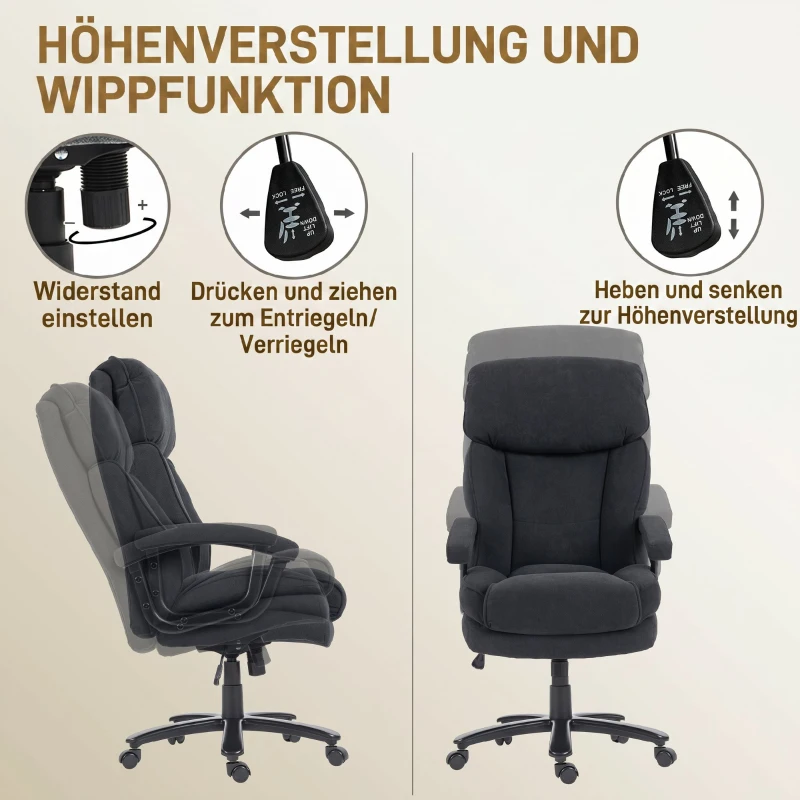 HOMCOM Chefsessel Ergonomisch Bürostuhl bis 200 kg mit Samtoptik, Hoher Rückenlehne, für Büro und Homeoffice Schwarz