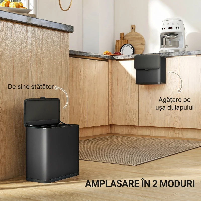 HOMCOM Pubelă 8 L cu Capac din Oțel Inoxidabil, Suspendată sau de Sine Stătătoare, 29,7x17,4x30 cm, Negru