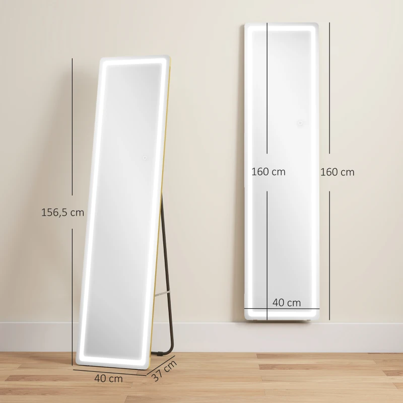 HOMCOM 2 in 1 Ganzkörperspiegel mit LED-Licht, freistehend, wandmontiert, dimmbar, 40 cm x 37 cm x 156,5 cm, Silber