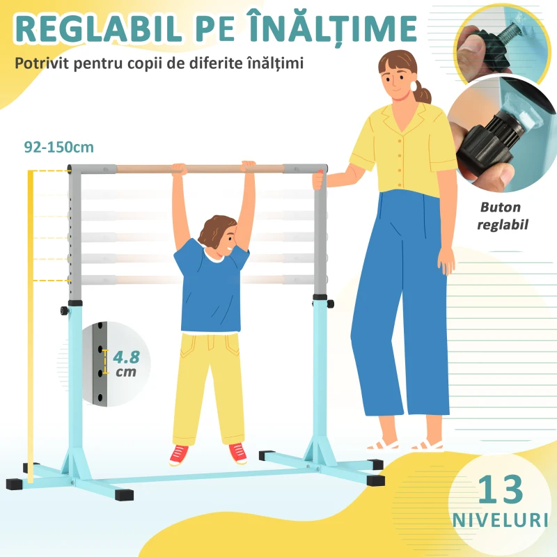 HOMCOM Bară de Gimnastică pentru Copii 3+ Ani, Înălțime Reglabilă, din Oțel și Lemn Masiv de Fag, Bleu