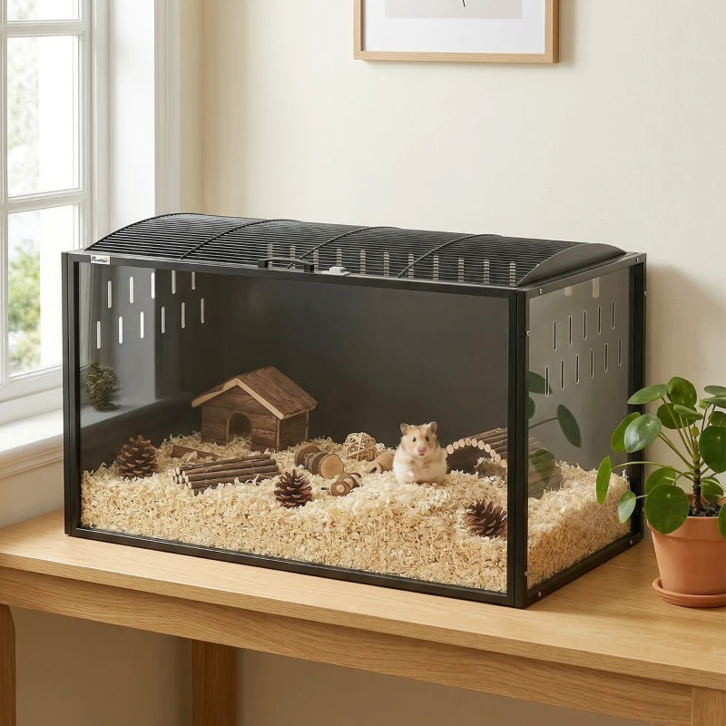 PawHut Cage à Hamster Géante Habitat pour Rongeur en Acier et Acrylique Transparent Vue Panoramique 105 x 51 x 53 cm Noir