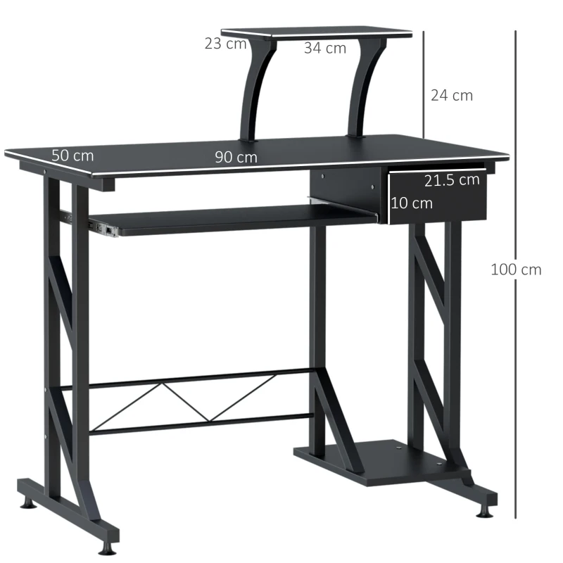 HOMCOM Birou pentru Calculator cu Sertar, Tavă Glisantă pentru Tastatură și Raft, 90x50x100cm, Negru
