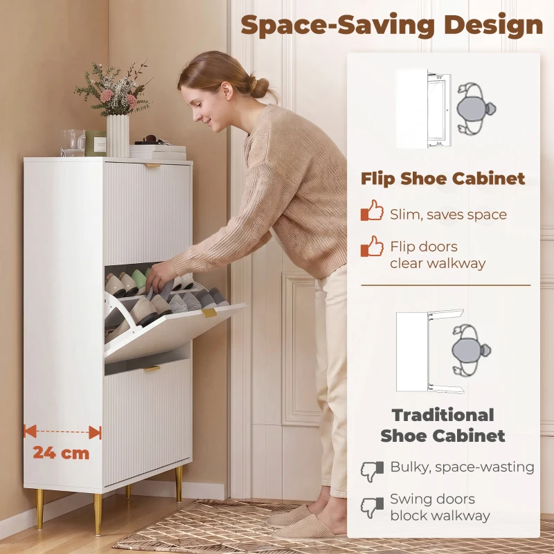 HOMCOM Meuble à chaussures 18 paires avec 3 tiroirs rabattables, portes cannelées et étagères réglables, 60x24x122,5cm, blanc