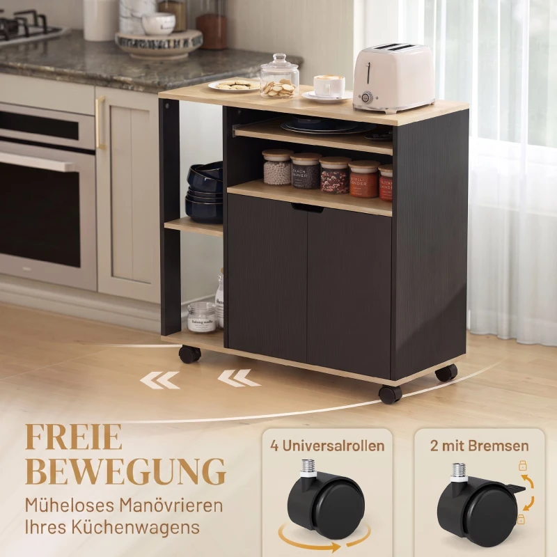 HOMCOM Rollender Küchenwagen mit Stauraum, Schrank, verstellbare Regale, für Küche, Wohnzimmer, Esszimmer, Schwarz