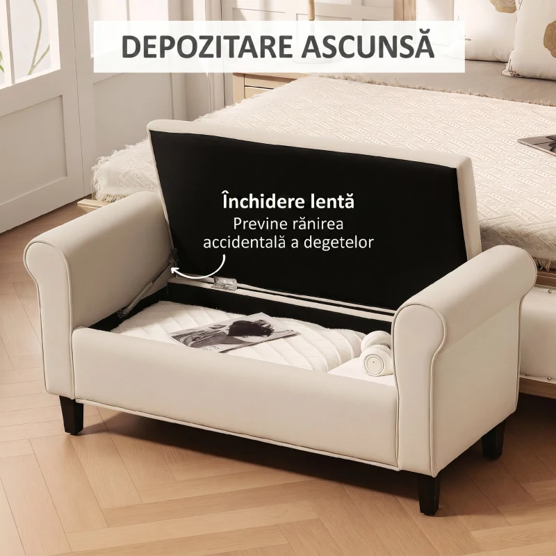 HOMCOM Bancă Dormitor cu Compartiment de Depozitare și Cotiere Rulate, 126x48.5x57 cm, Bej