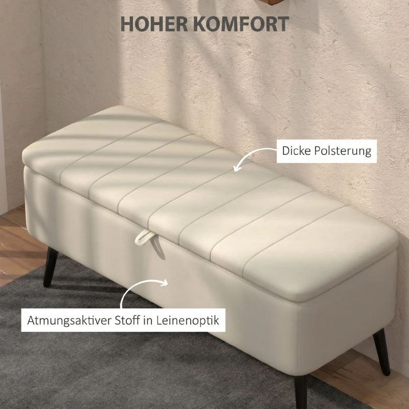 HOMCOM Sitzbank mit Stauraum Polsterbank mit Leinenoptik, Sitztruhe mit Stahlbeine 102 x 40 x 44 cm, Cremeweiß