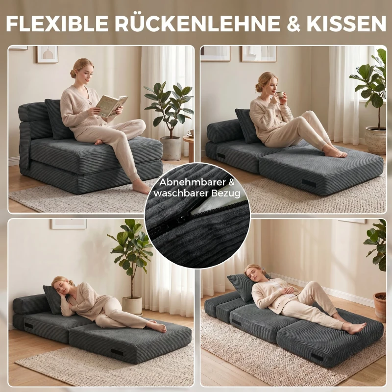HOMCOM 2-in-1 Boneless Cloud Bodenstuhl, klappbares Schlafsessel mit Cord-Optik & Lendenkissen, Dunkelgrau