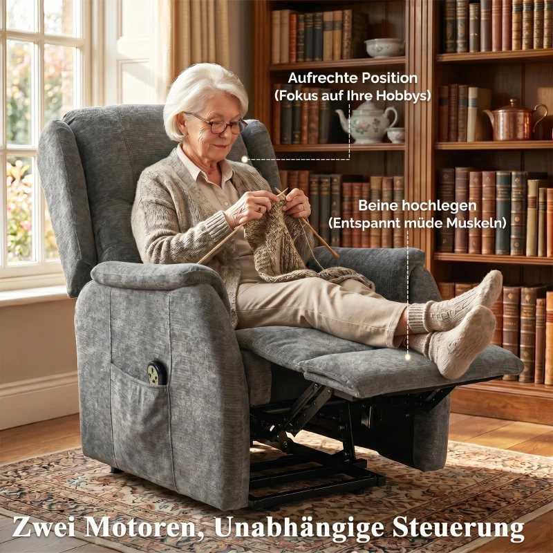 HOMCOM Fernsehsessel Relaxsessel mit Aufstehhilfe für Senioren, Chenille-Optik, mit Fernbedienung und Seitentaschen, Dunkelgrau
