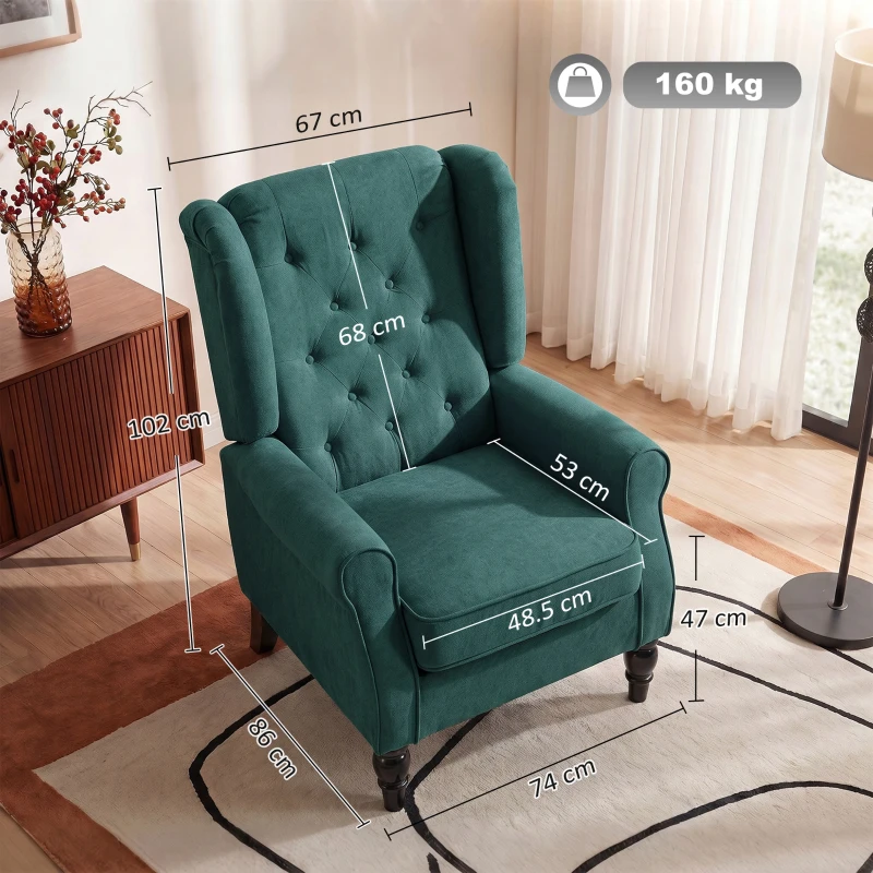 HOMCOM Fotoliu de Salon în Stil Francez cu Șezut Confortabil și Perne, din Poliester, 74x86x102 cm, Verde Închis