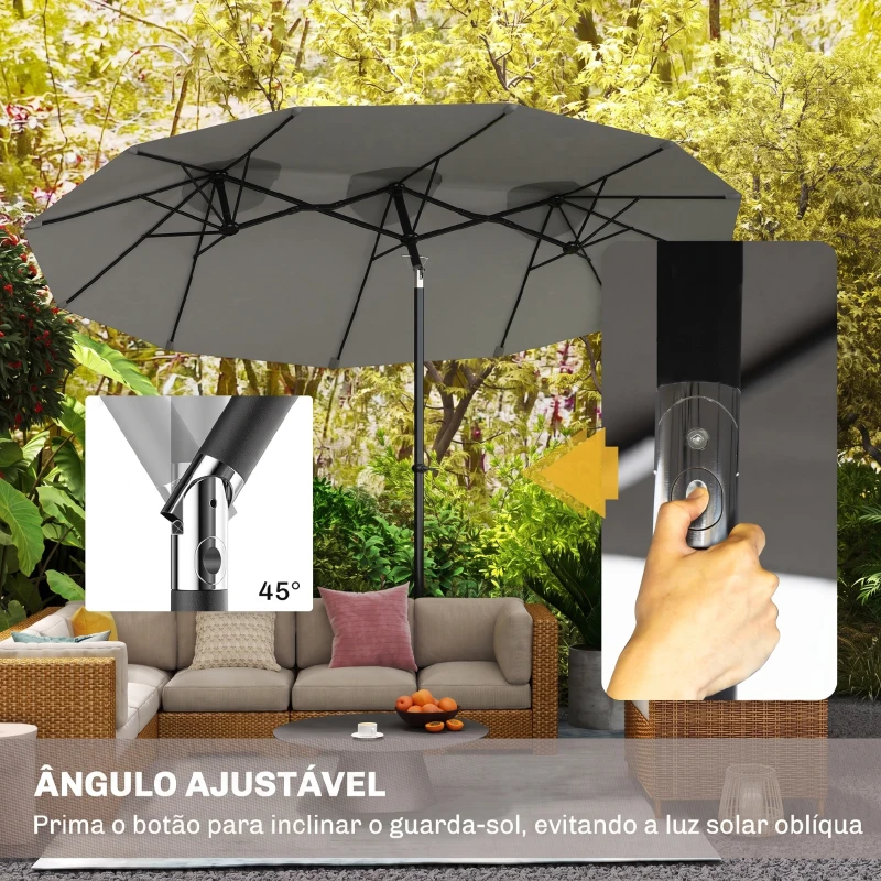 Outsunny Chapéu de Sol Duplo Chapéu de Sol de Jardim com Inclinação de 45° Manivela Estrutura de Aço 295x152x222 cm  Cinza
