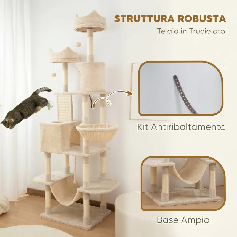 PawHut Tiragraffi per Gatti Alto 206 cm con 4 Pali Graffiatoi, Grotte, Cesti, Amache, per 1-3 Gattini 6 kg, Beige
