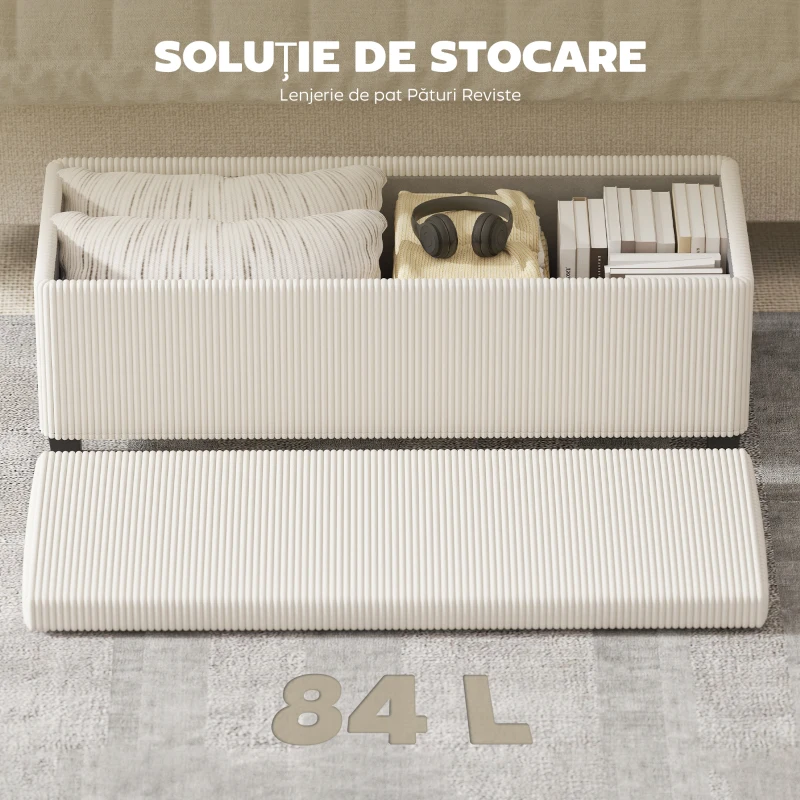 HOMCOM Bancă pentru Capătul Patului cu Spațiu de Depozitare de 84L, din Țesătură cu Aspect de Catifea și Oțel, 112x42x40 cm, Bej