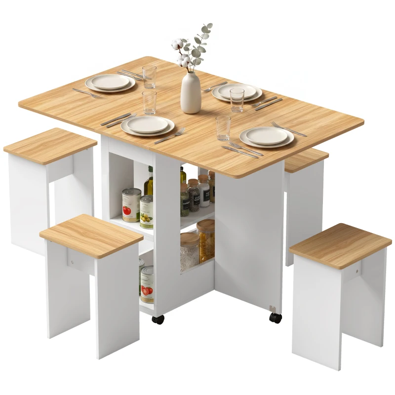 HOMCOM Conjunto de Mesa de Jantar Dobrável com 4 Bancos Ocultos, 2 Abas Rebatíveis, Rodas e Prateleiras, Carvalho