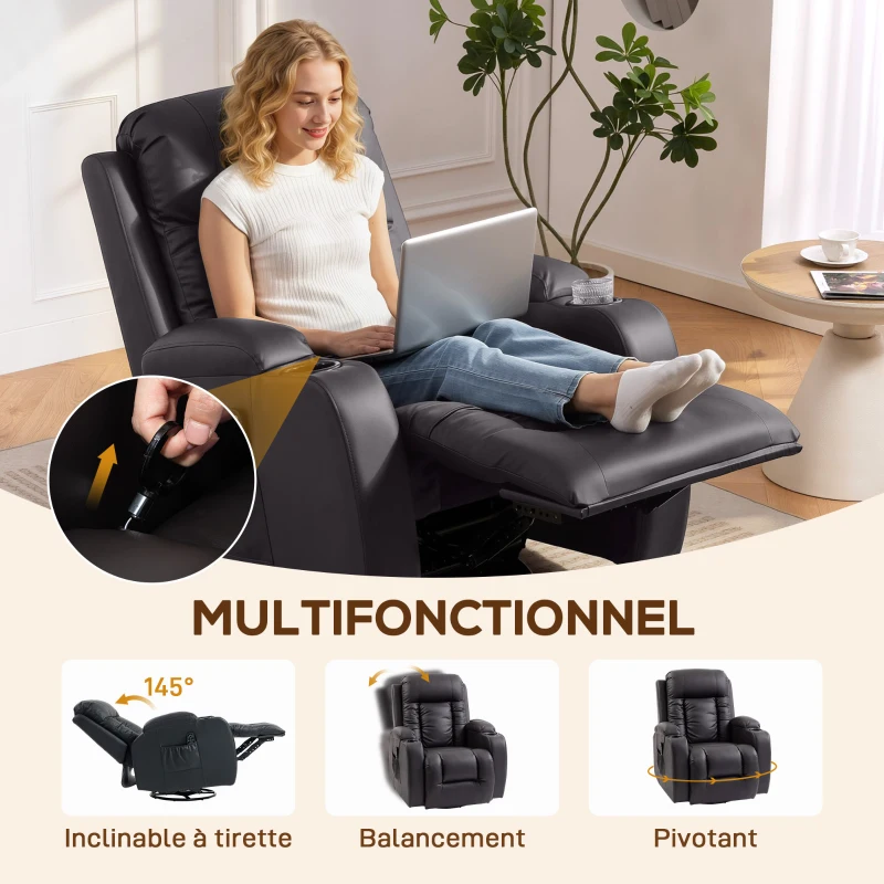 HOMCOM Fauteuil inclinable de massage et chauffage, fauteuil de relaxation, dossier réglable, pivotant 360°, 82x99x103cm, marron