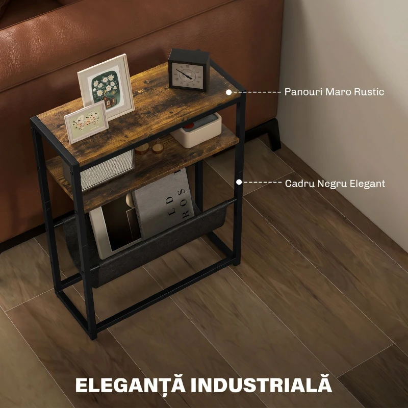 HOMCOM Măsuță De Living Îngustă cu 2 Rafturi, Suport Reviste V, PAL Oțel, 43x18x56 cm, Maro Rustic