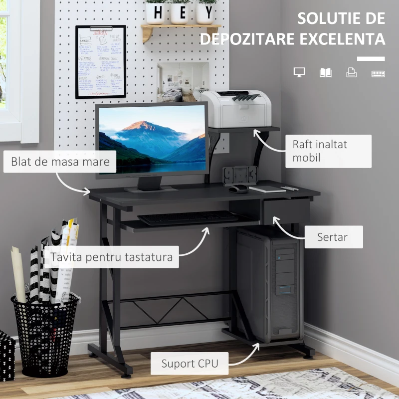 HOMCOM Birou pentru Calculator cu Sertar, Tavă Glisantă pentru Tastatură și Raft, 90x50x100cm, Negru