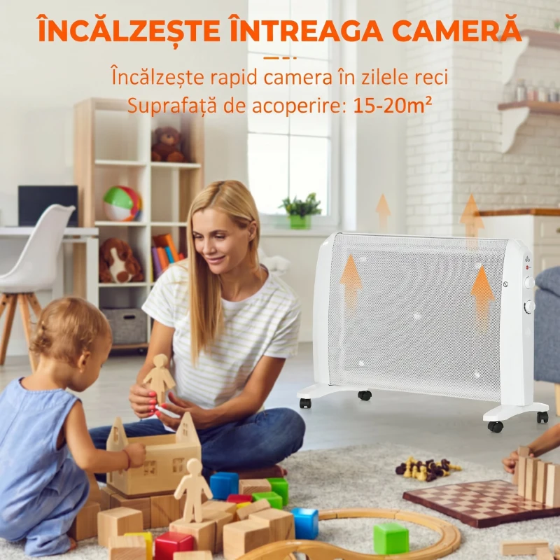 HOMCOM Radiator Electric Mică 1000W/2000W cu Termostat Reglabil, 15-20 m², 4 Roți, 79x27x54 cm, Alb