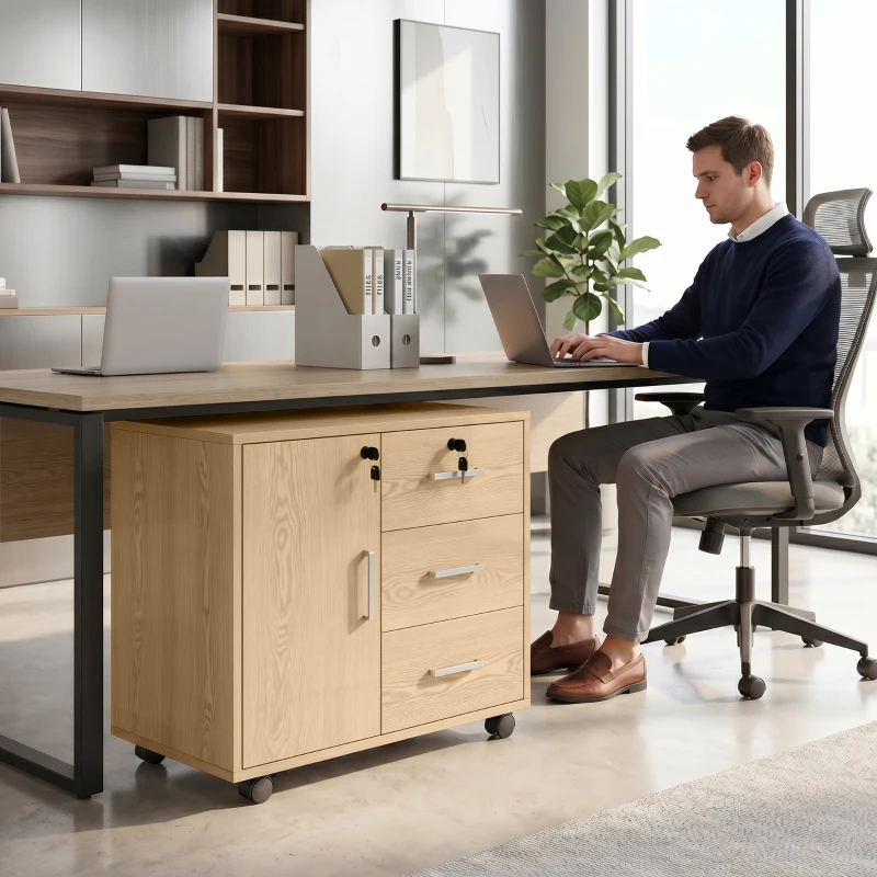 HOMCOM Caisson bureau meuble de rangement verrouillable avec 3 tiroirs et étagère réglable, roulettes, 40 x 60 x 56 cm, marron clair