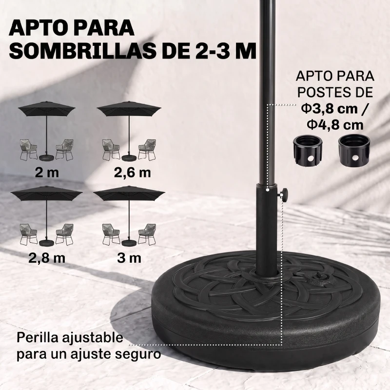 Outsunny Base de Sombrilla de PE Redonda para Postes de 38mm/48mm Rellenable de Arena 35 kg y Agua 25L Ø56x30,5 cm Negro