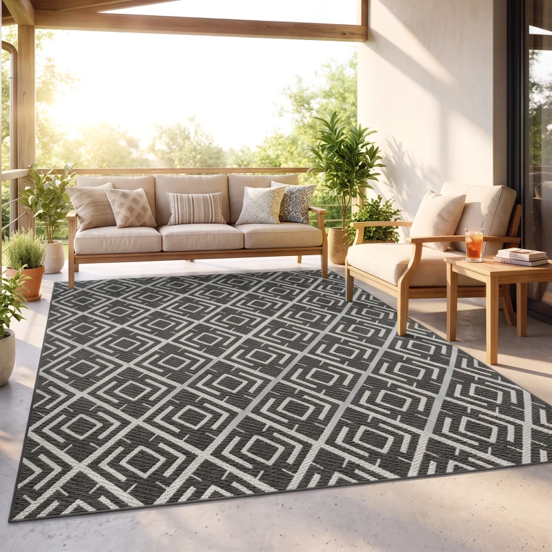 Outsunny Alfombra de Exterior Reversible 182x274 cm con Patrón Geométrico de Rombos Impermeable Bolsa de Transporte Negro