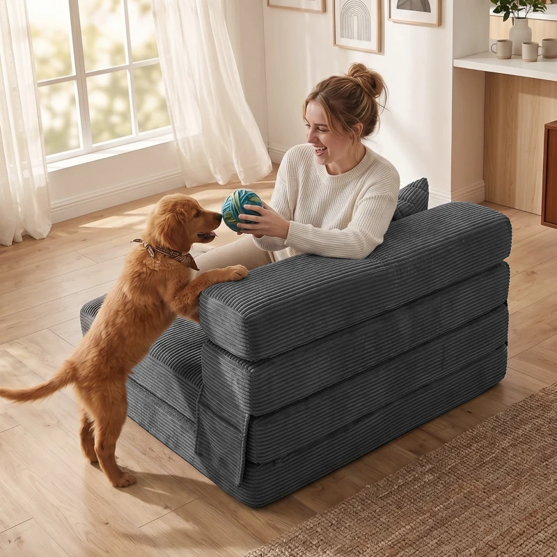 HOMCOM 2-in-1 Boneless Cloud Bodenstuhl, klappbares Schlafsessel mit Cord-Optik & Lendenkissen, Dunkelgrau