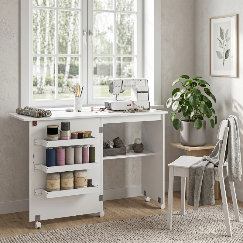 HOMCOM Mobile per Macchina da Cucire Pieghevole con Piano Ampio, 3 Contenitori, Mensola Inferiore, Ruote, Bianco