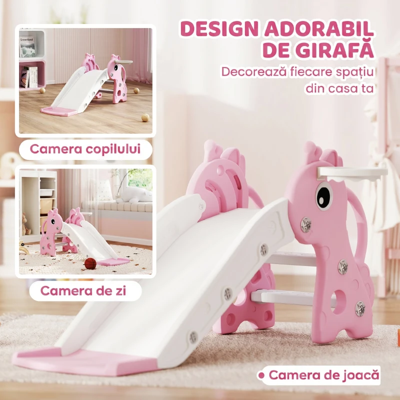 AIYAPLAY Tobogan pentru Copii cu Scară, Coș de Baschet și Minge, Design Girafă, pentru Copii 1-3 Ani, Roz