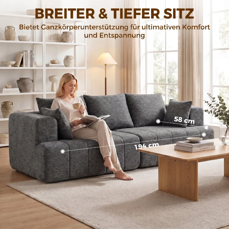 HOMCOM 3-Sitzer-Sofa, Cloud-Sofa aus Chenille mit dicker Federkernpolsterung, breiter und tiefer Sitzfläche, breiten Armlehnen, Kissen, grau